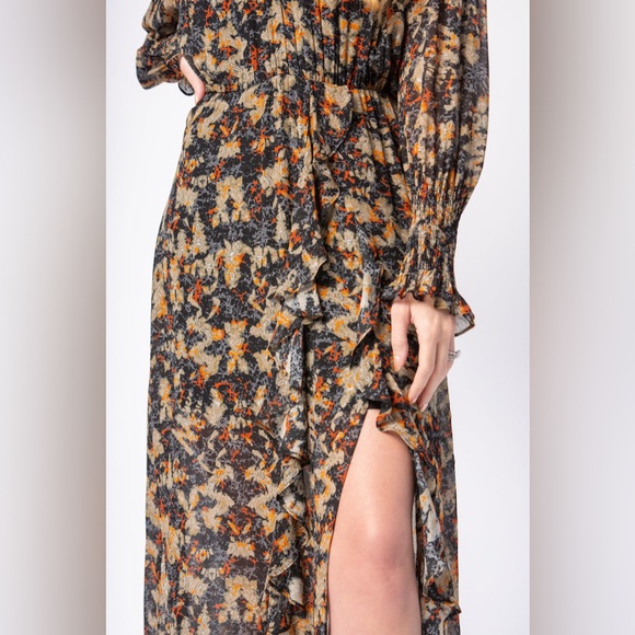 NWT $575 Iro Jorma Ruffled Printed Georgette Midi Dress In Black - Picture 3 of 11